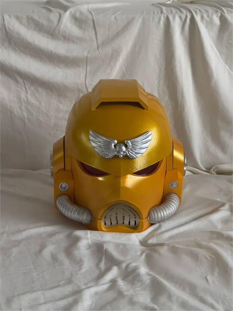 Solar Aegis Helm – Warhammer 40K Inspired Golden Space Marine Helmet with Red Eyes and Winged Skull