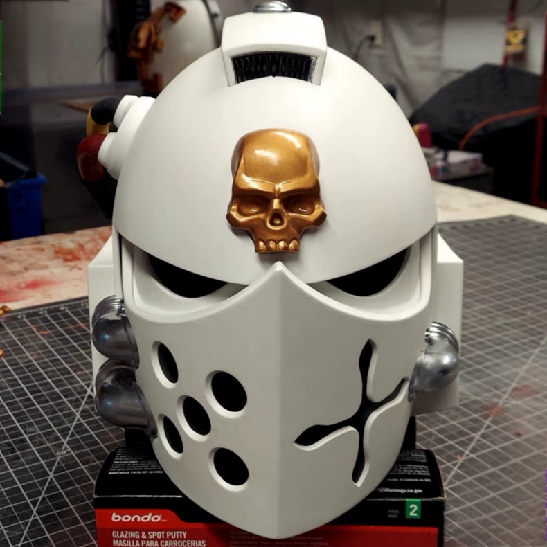 White Judgement Helm – Warhammer 40K Inspired Purity Mask with Golden Skull & Combat Scars