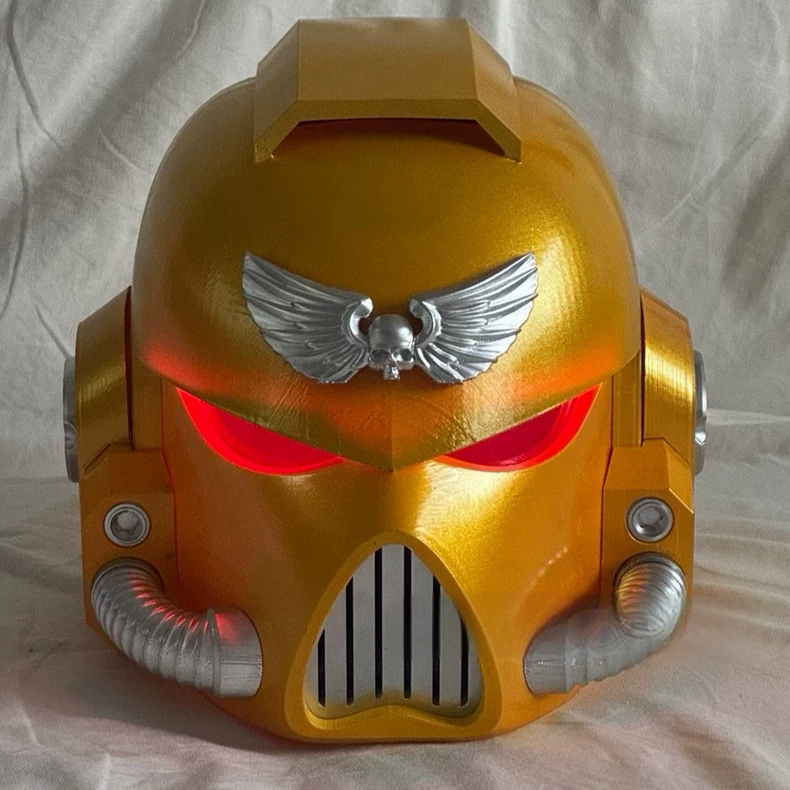 Solar Aegis Helm – Warhammer 40K Inspired Golden Space Marine Helmet with Red Eyes and Winged Skull