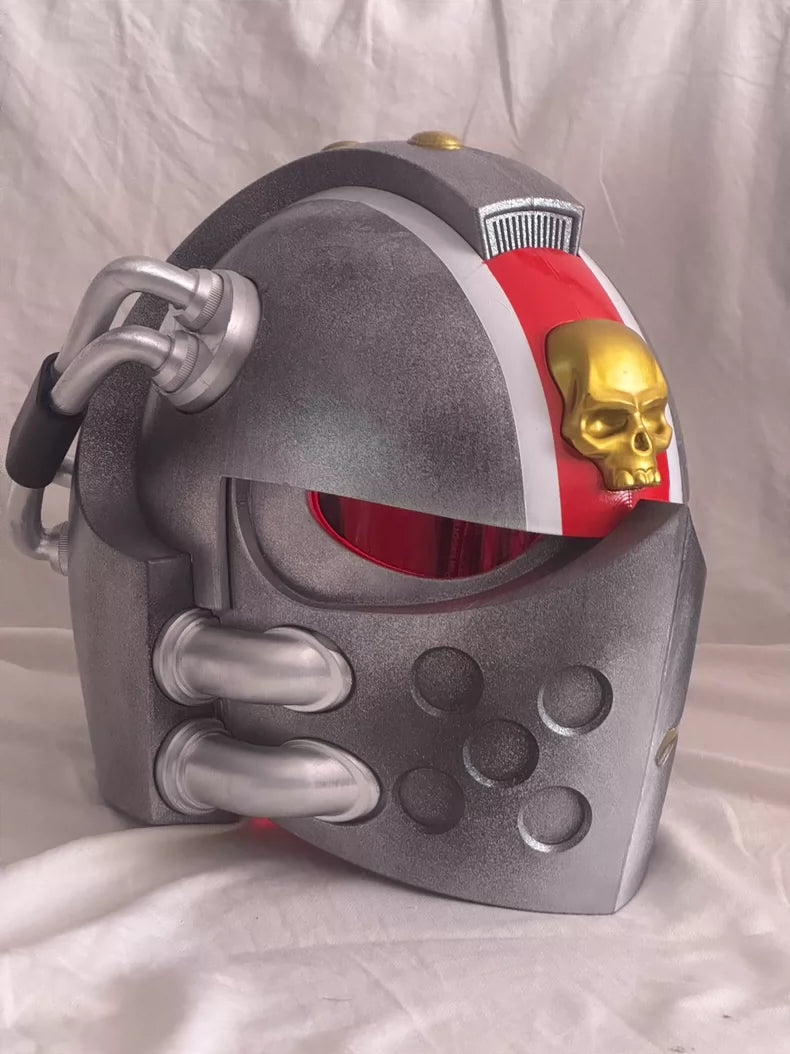 White Judgement Helm – Warhammer 40K Inspired Purity Mask with Golden Skull & Combat Scars