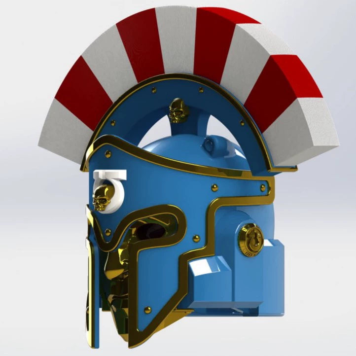 Warhammer 40K-Inspired Ultramarine Praetor Helmet – Roman Crest & Gold Trim Cosplay Prop