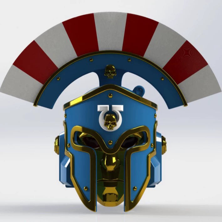 Warhammer 40K-Inspired Ultramarine Praetor Helmet – Roman Crest & Gold Trim Cosplay Prop