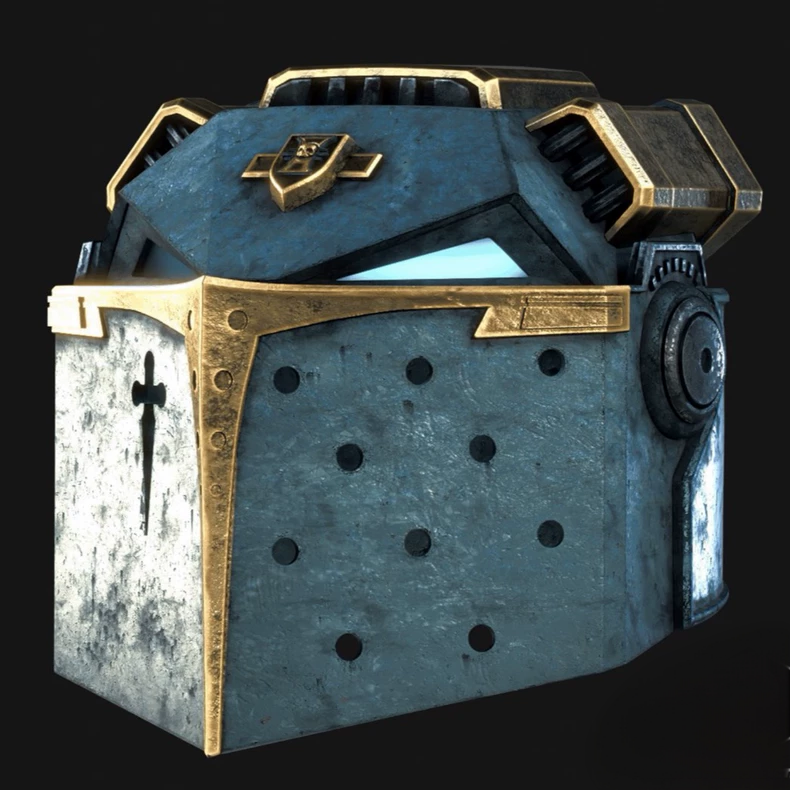 Crusader Bastion Helmet – Warhammer 40K Inspired Templar Paladin Cosplay Mask with Gold Trim